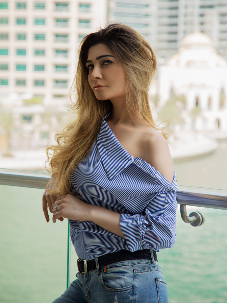 Blue Stripe Sexy Strapless long sleeves slash neck shirt by jimmy roch